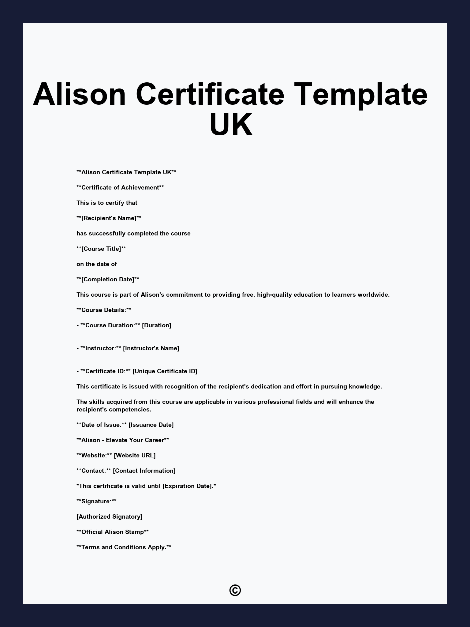 Alison Certificate Template UK