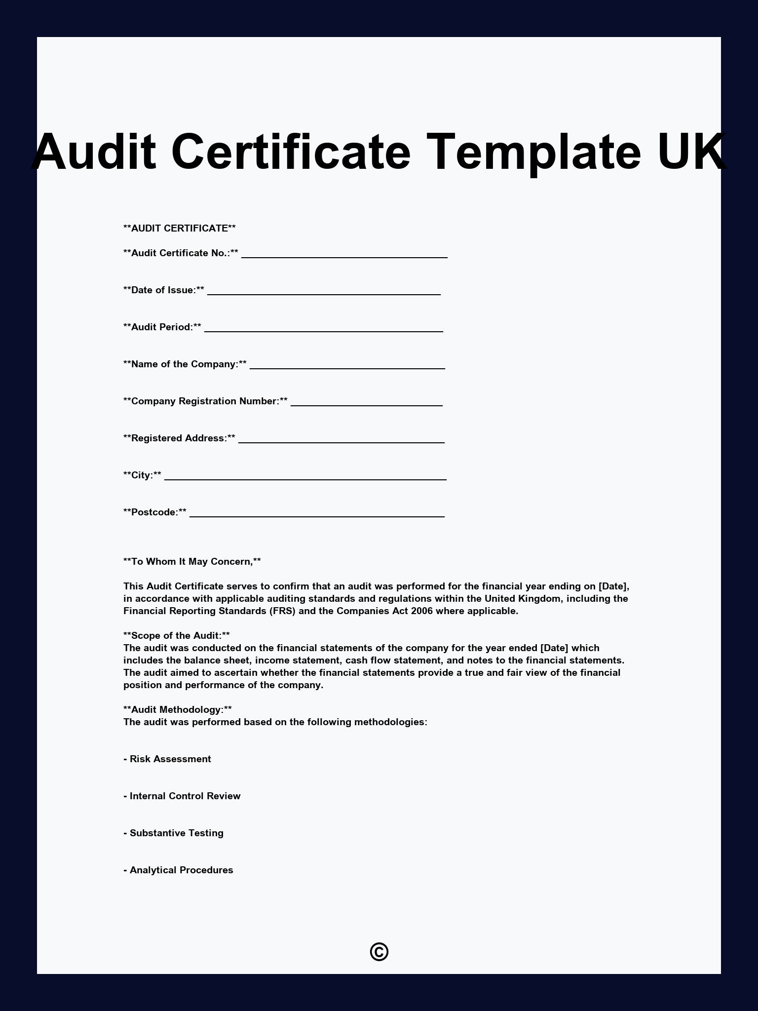 Audit Certificate Template UK