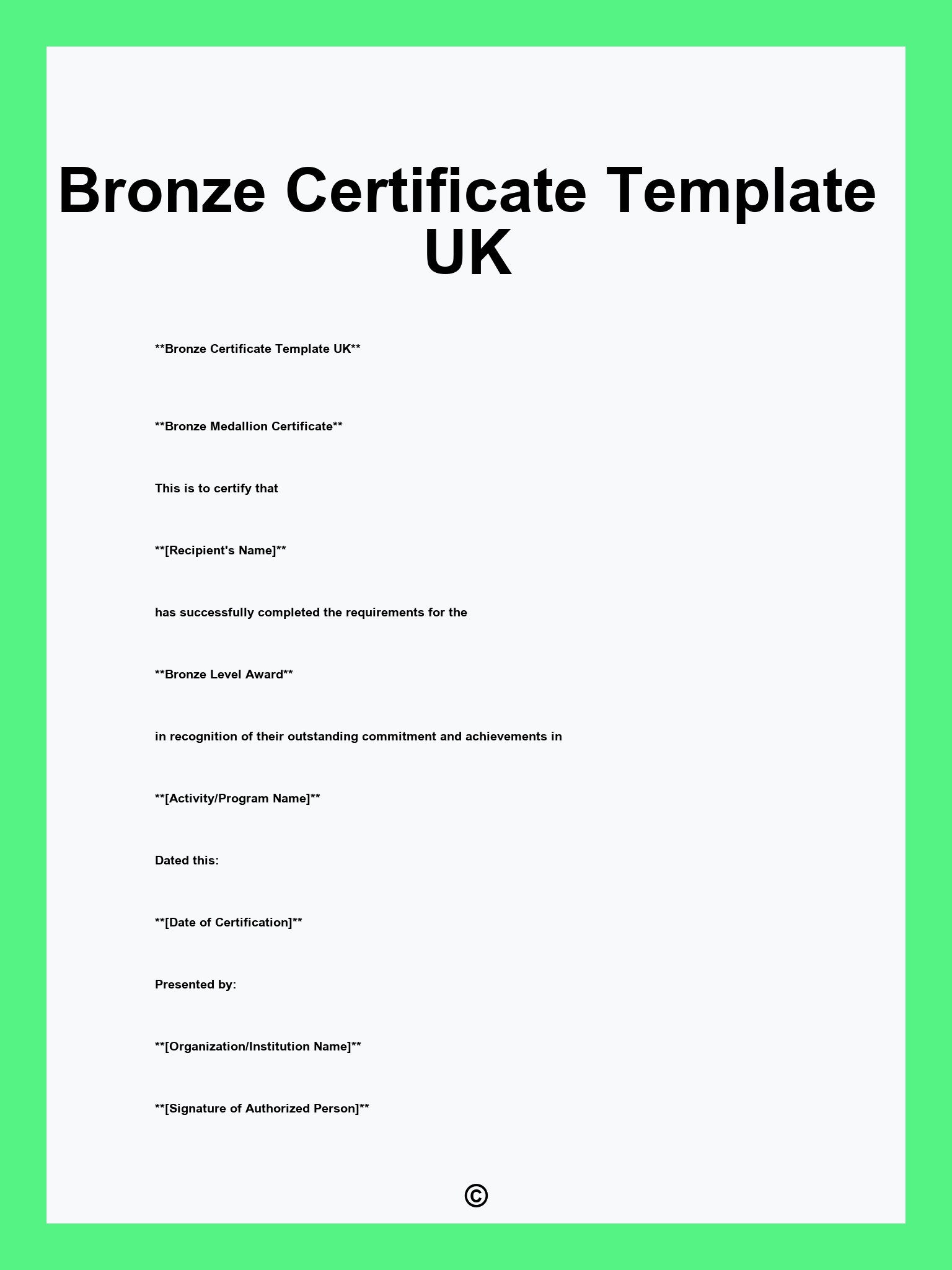 Bronze Certificate Template UK