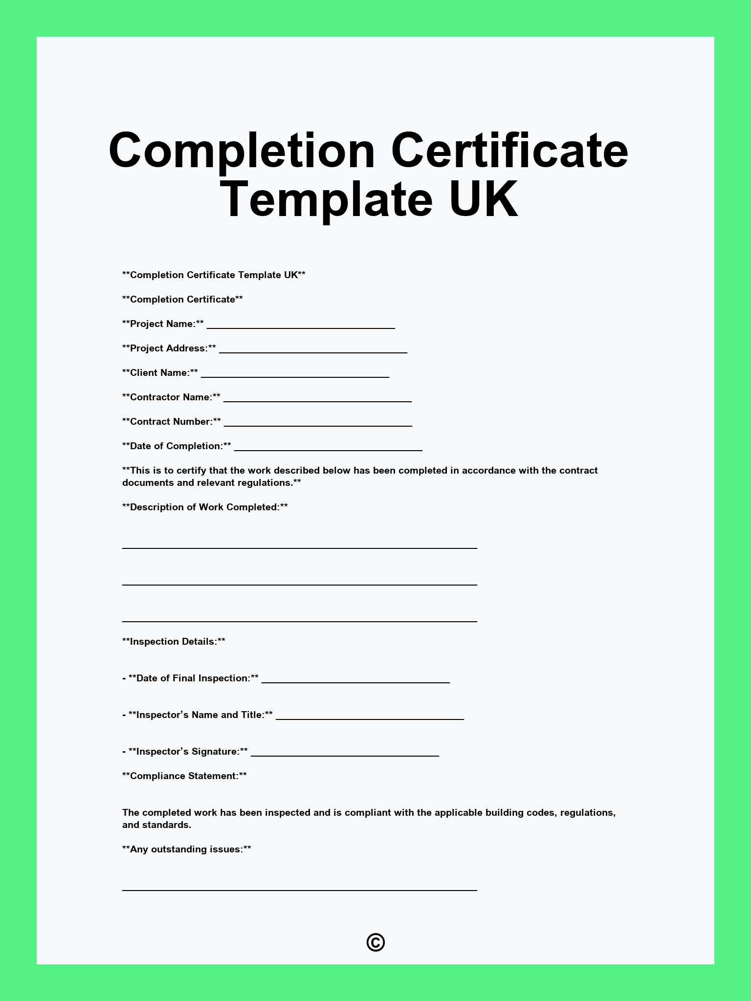 Completion Certificate Template UK