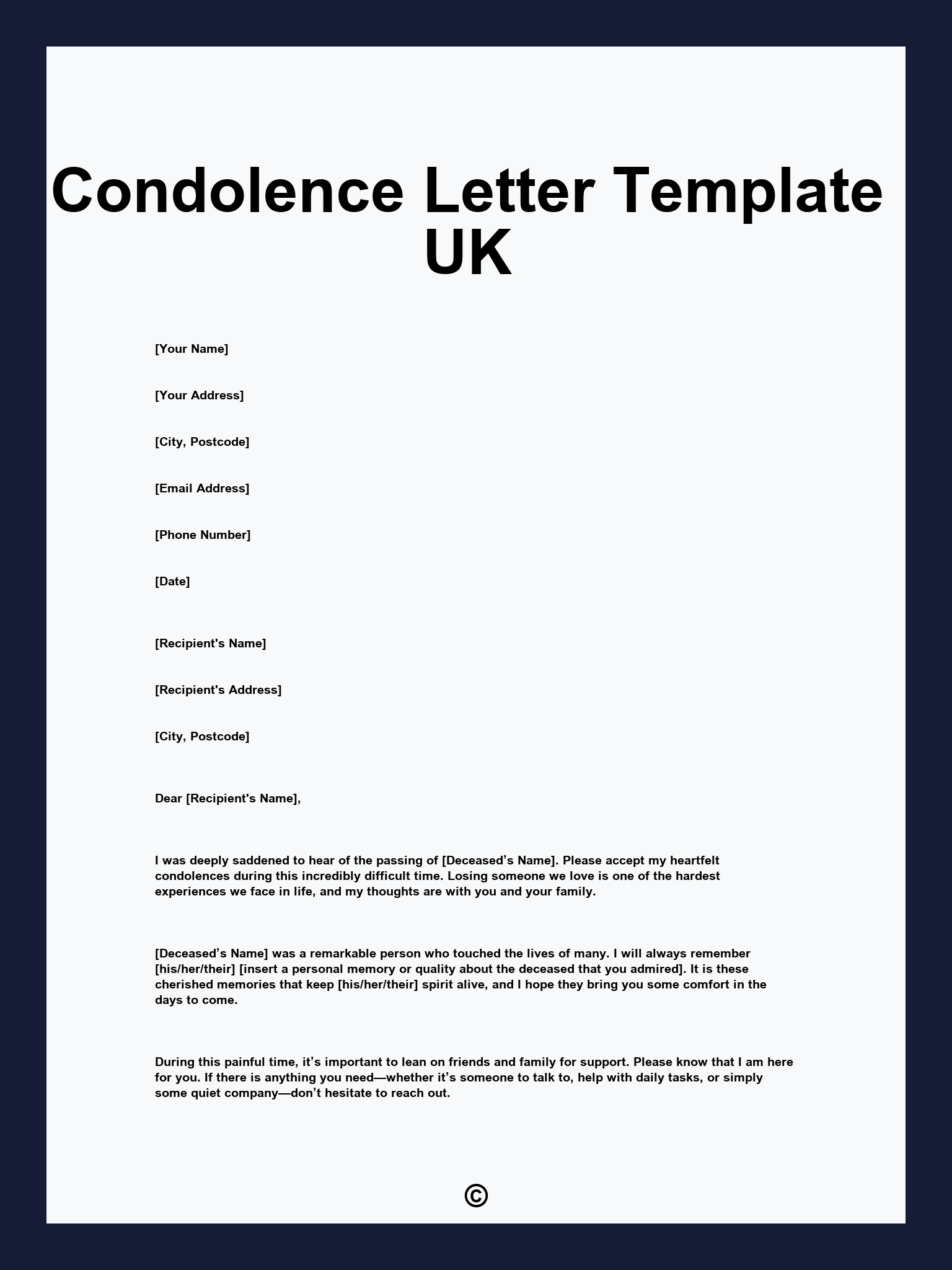 Condolence Letter Template UK