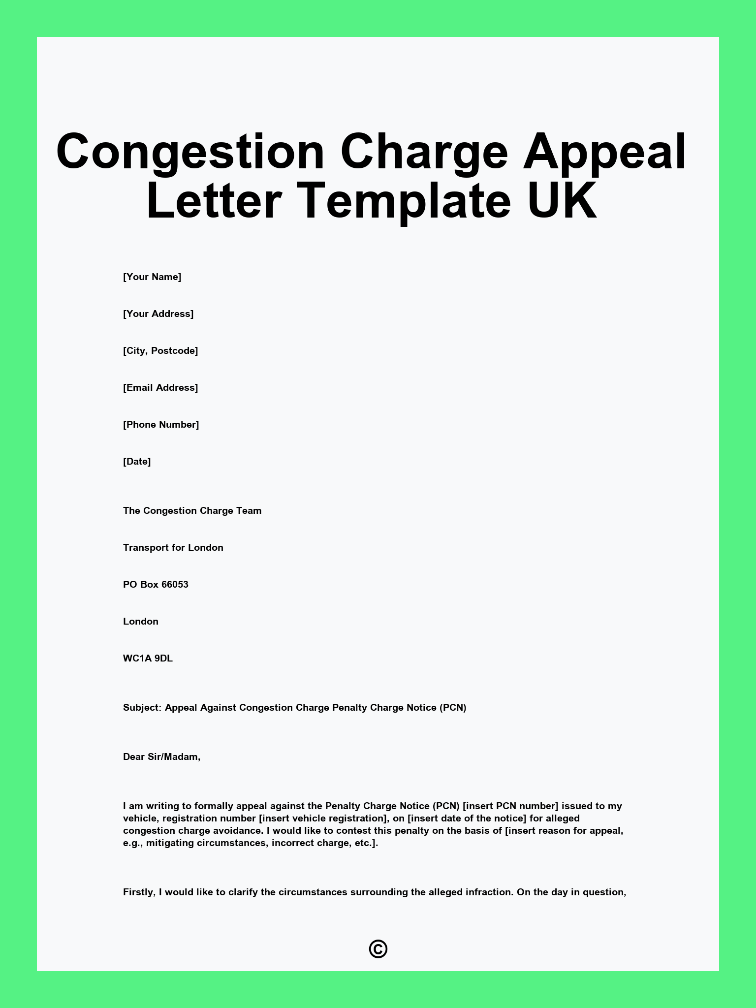 Congestion Charge Appeal Letter Template UK