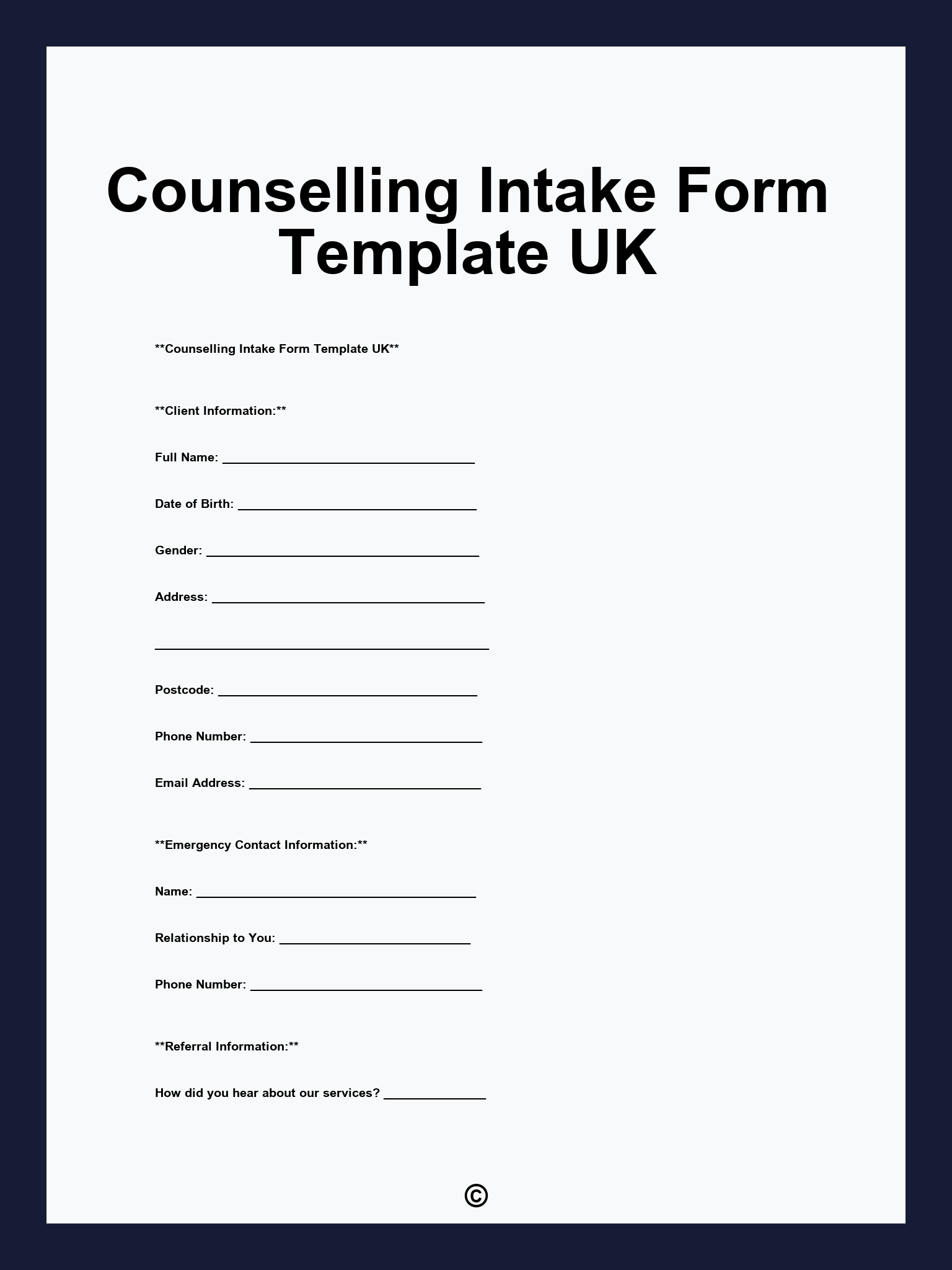 Counselling Intake Form Template UK
