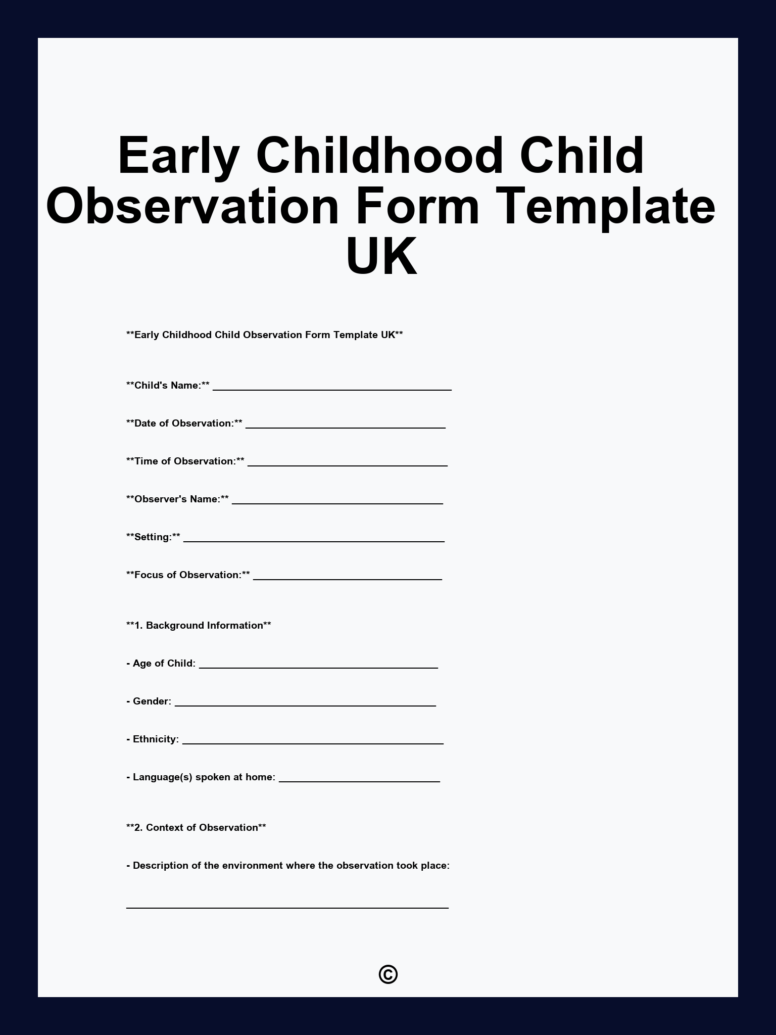 Early Childhood Child Observation Form Template UK