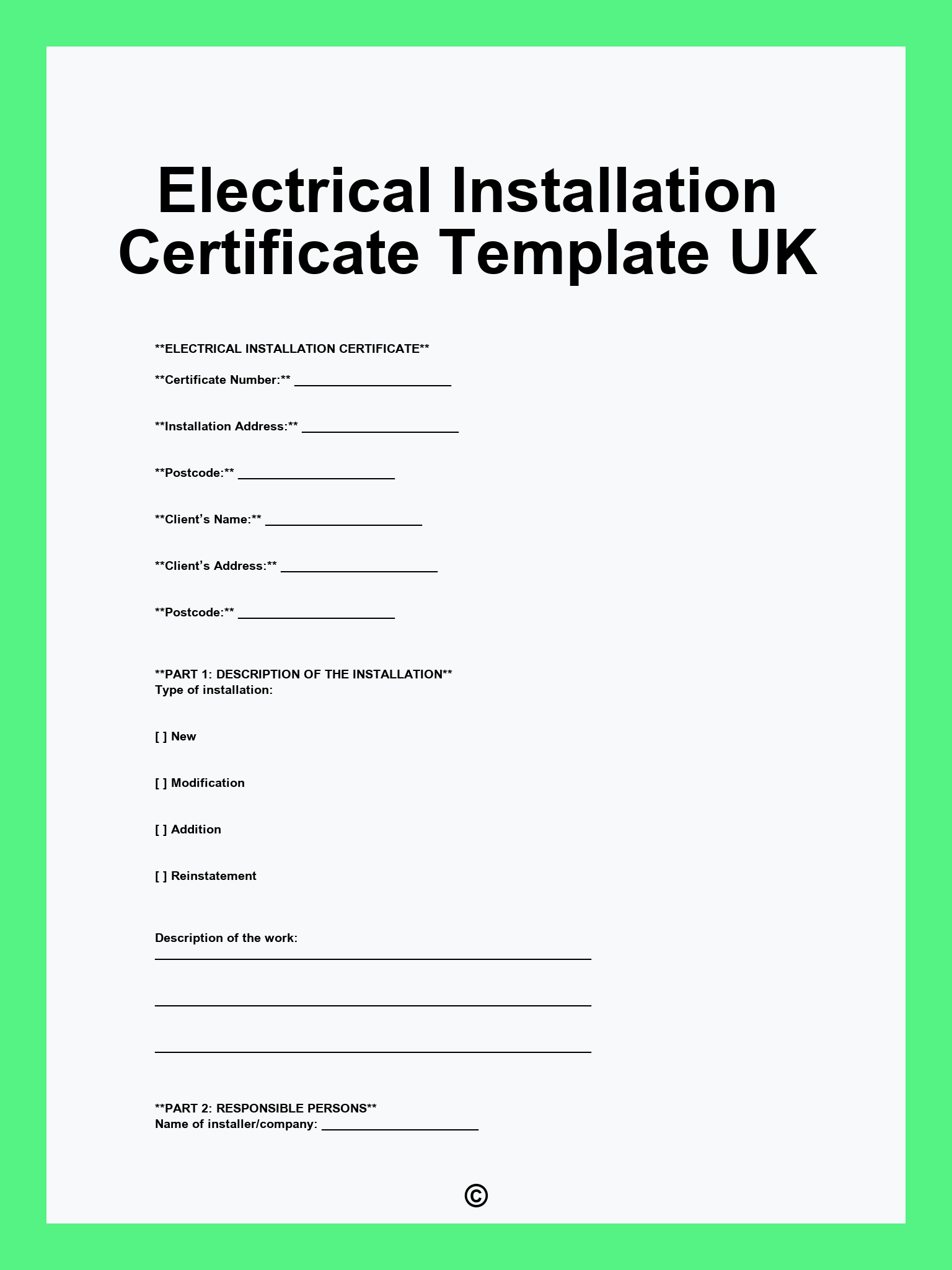 Electrical Installation Certificate Template UK