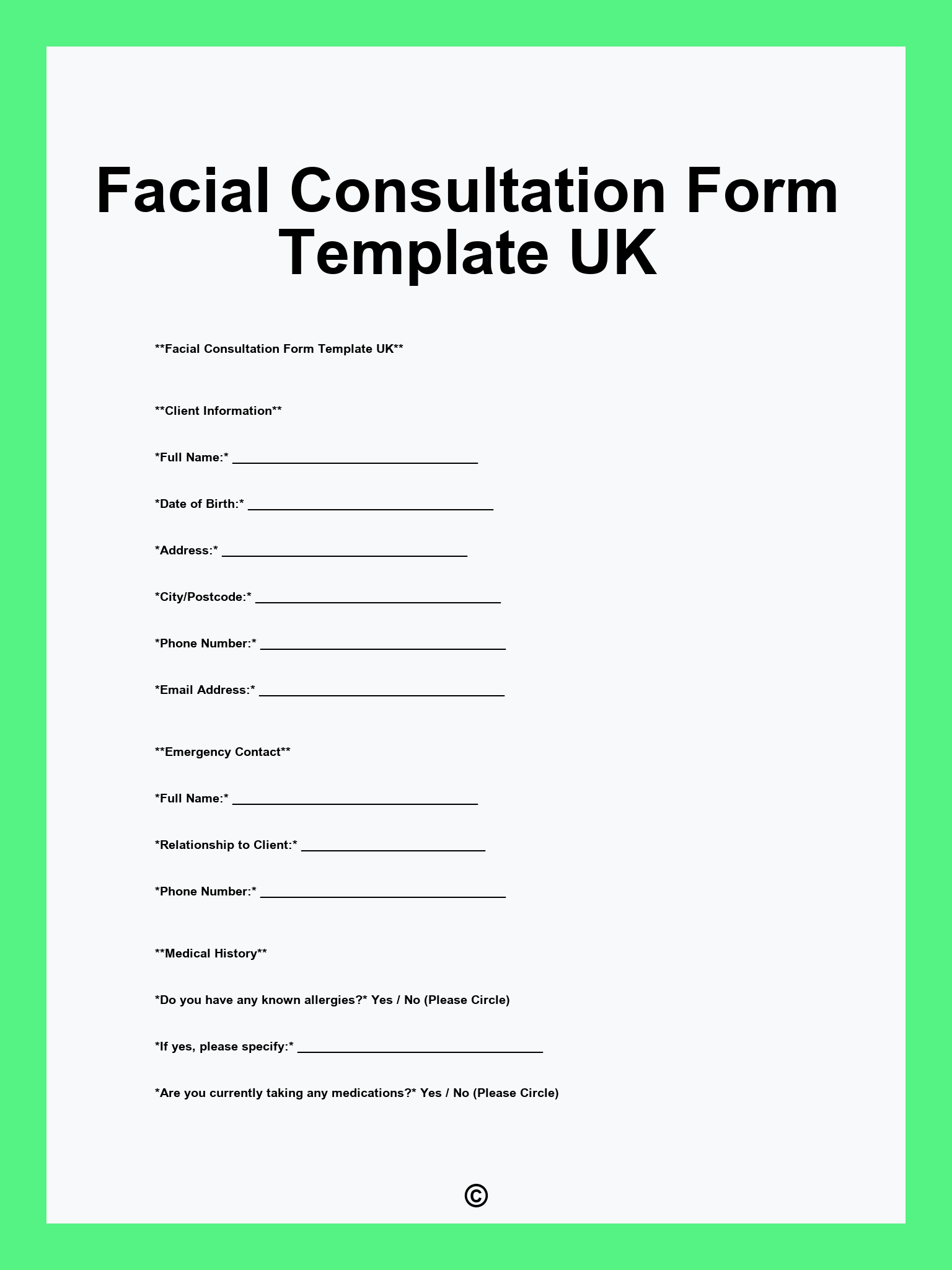 Facial Consultation Form Template UK