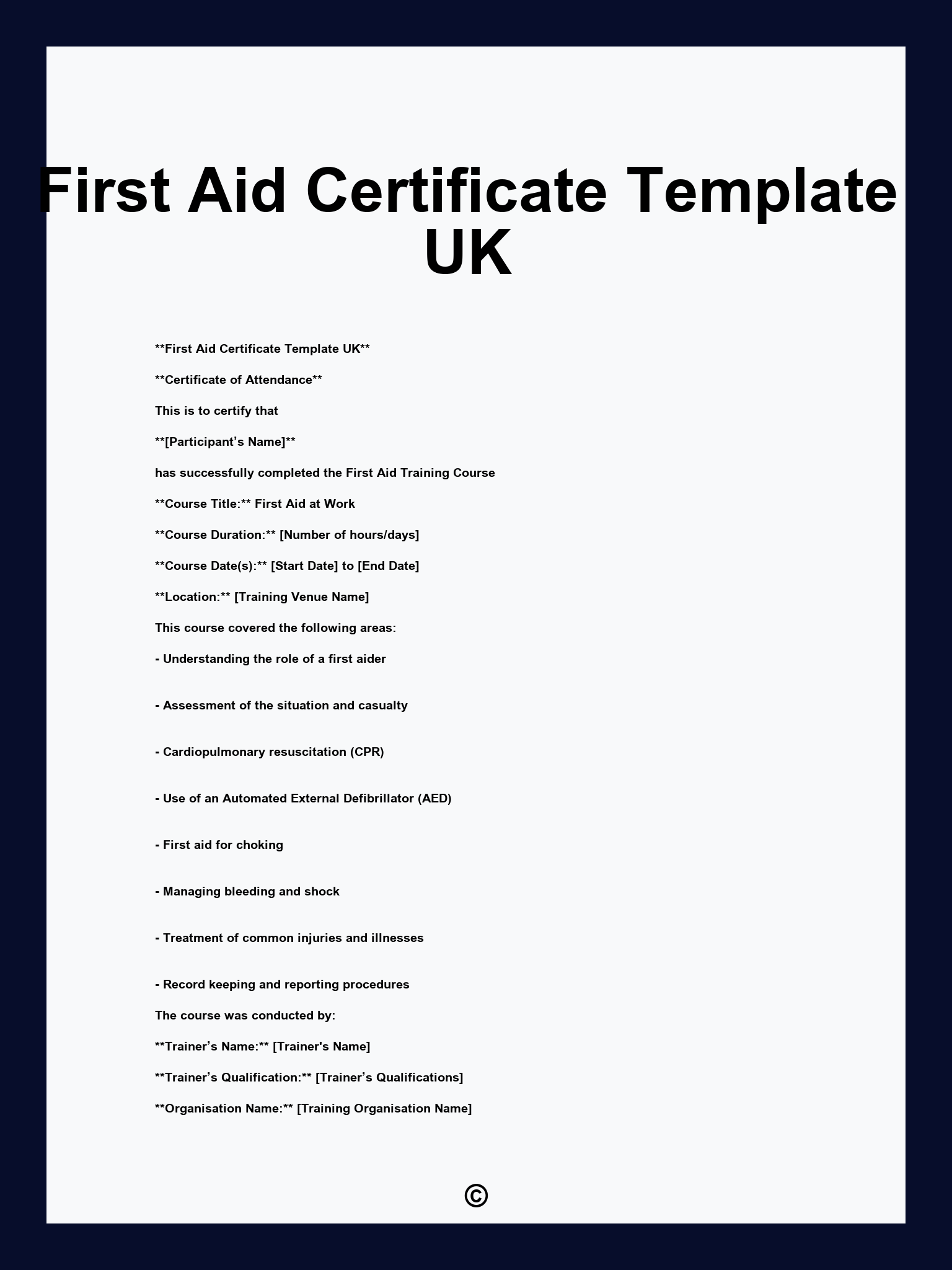 First Aid Certificate Template UK