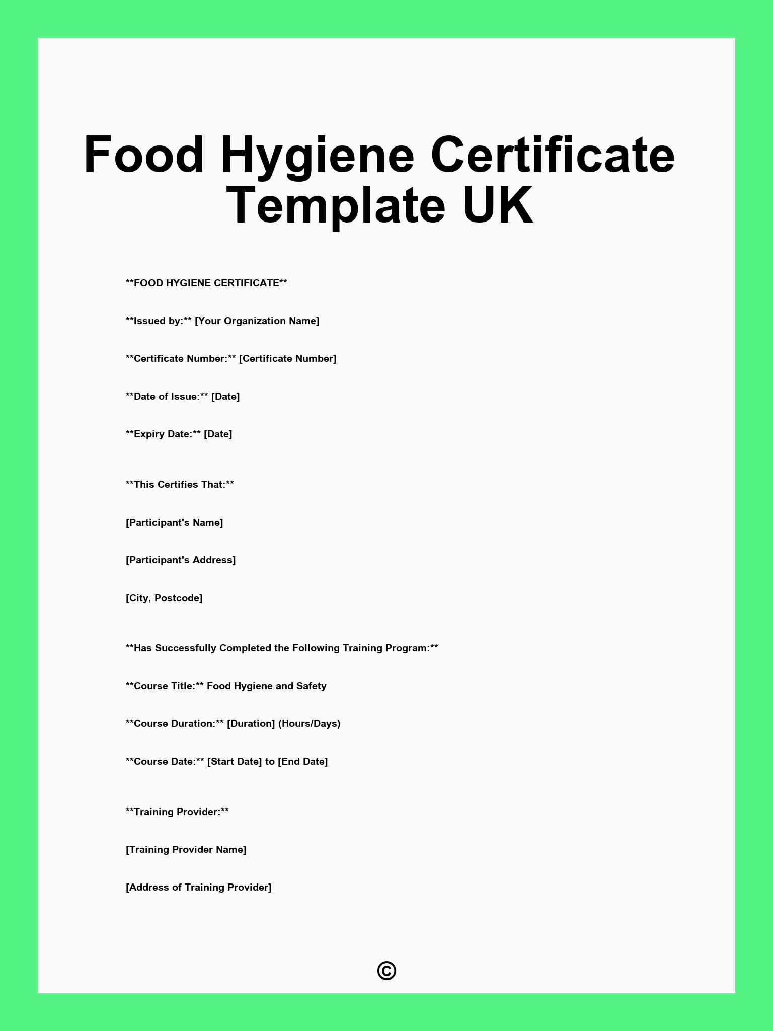 Food Hygiene Certificate Template UK