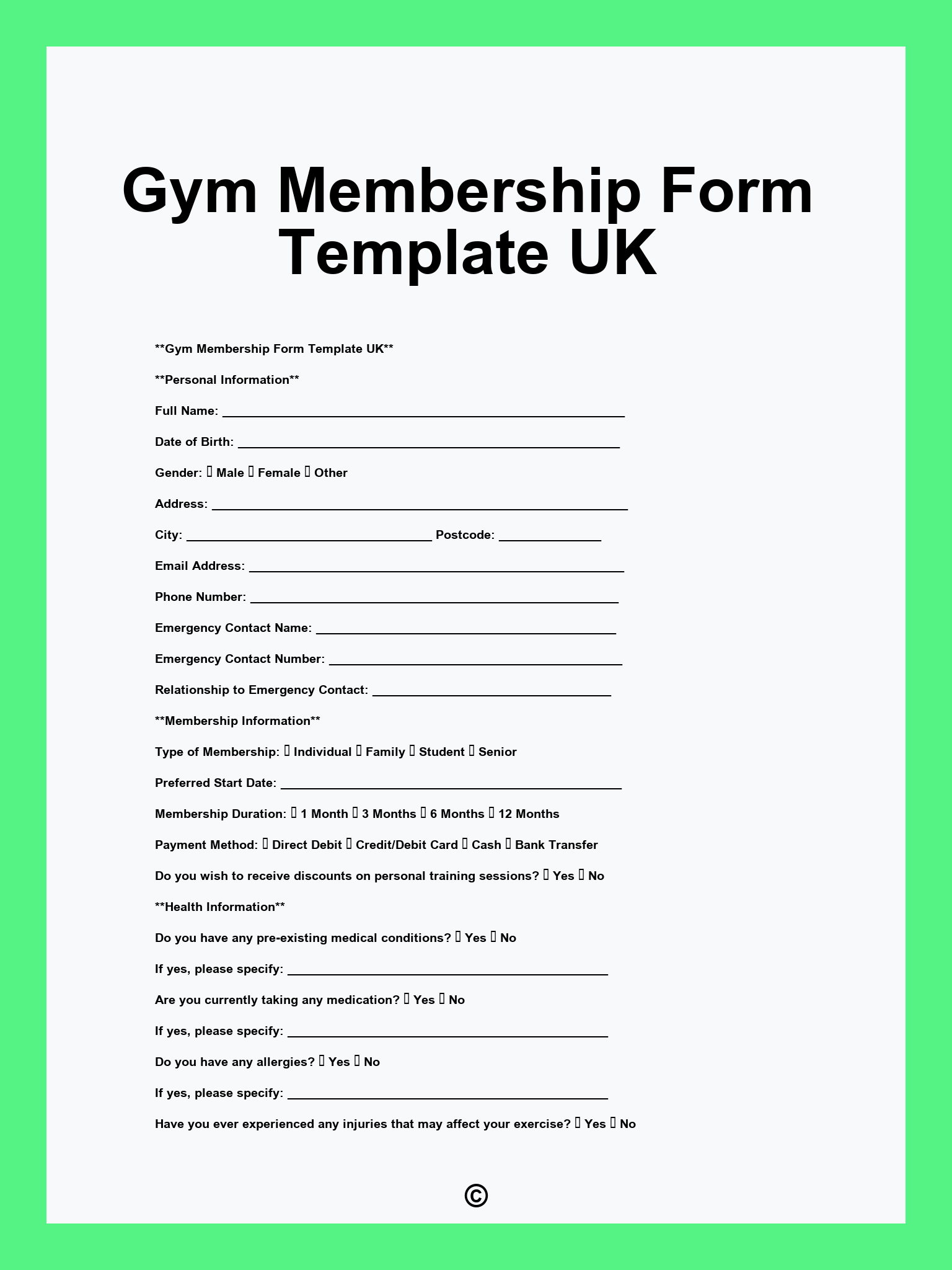 Gym Membership Form Template UK