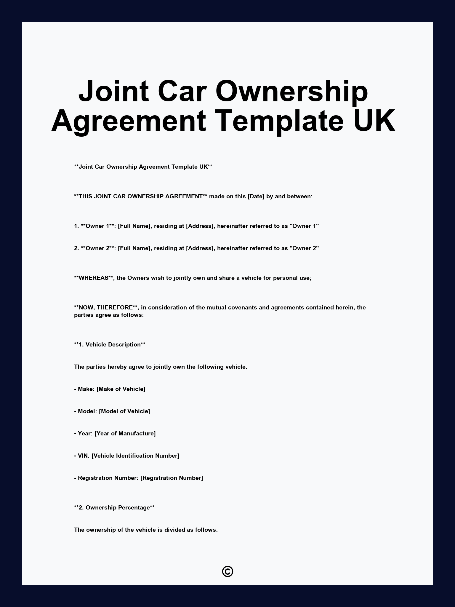 Joint Car Ownership Agreement Template UK