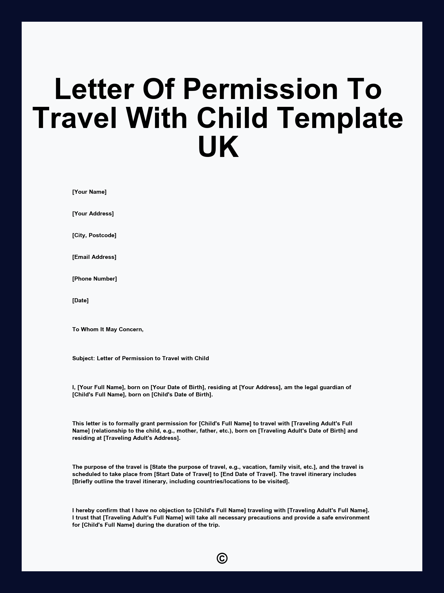 Letter Of Permission To Travel With Child Template UK
