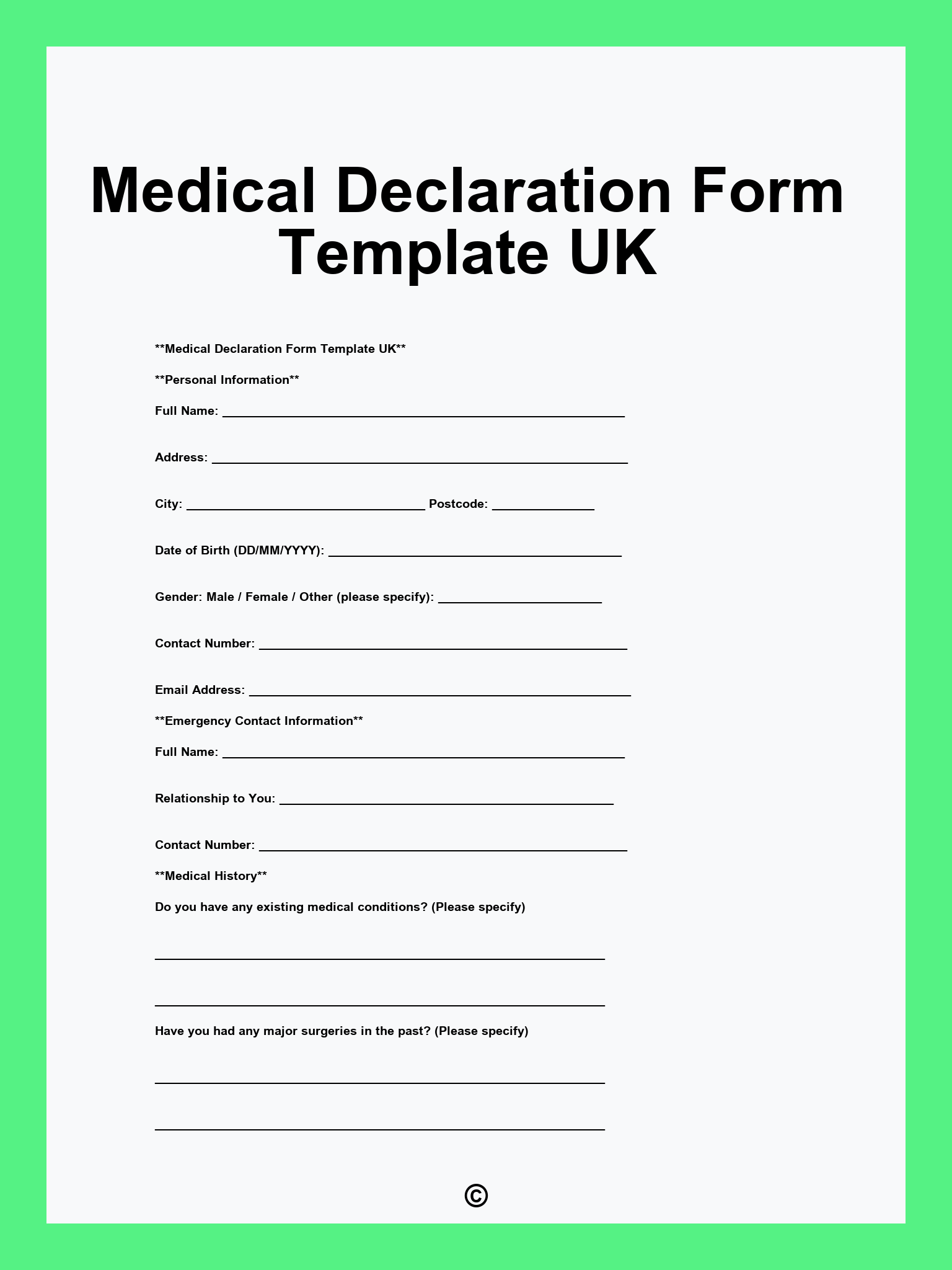 Medical Declaration Form Template UK