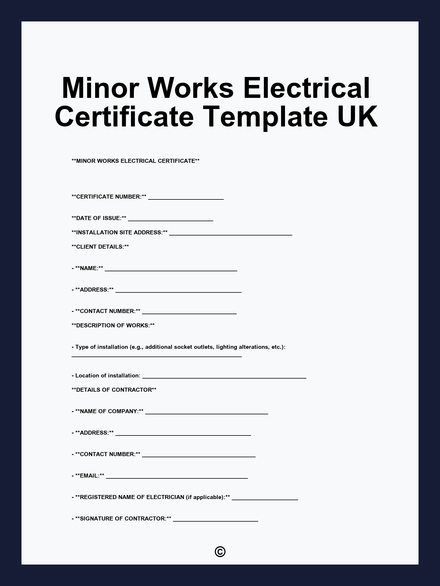 Minor Works Electrical Certificate Template UK