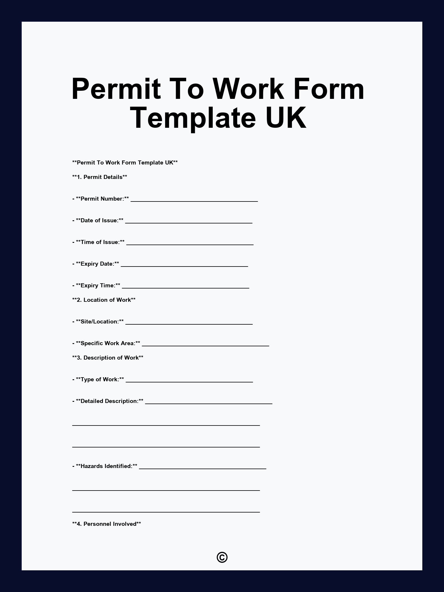 Permit To Work Form Template UK