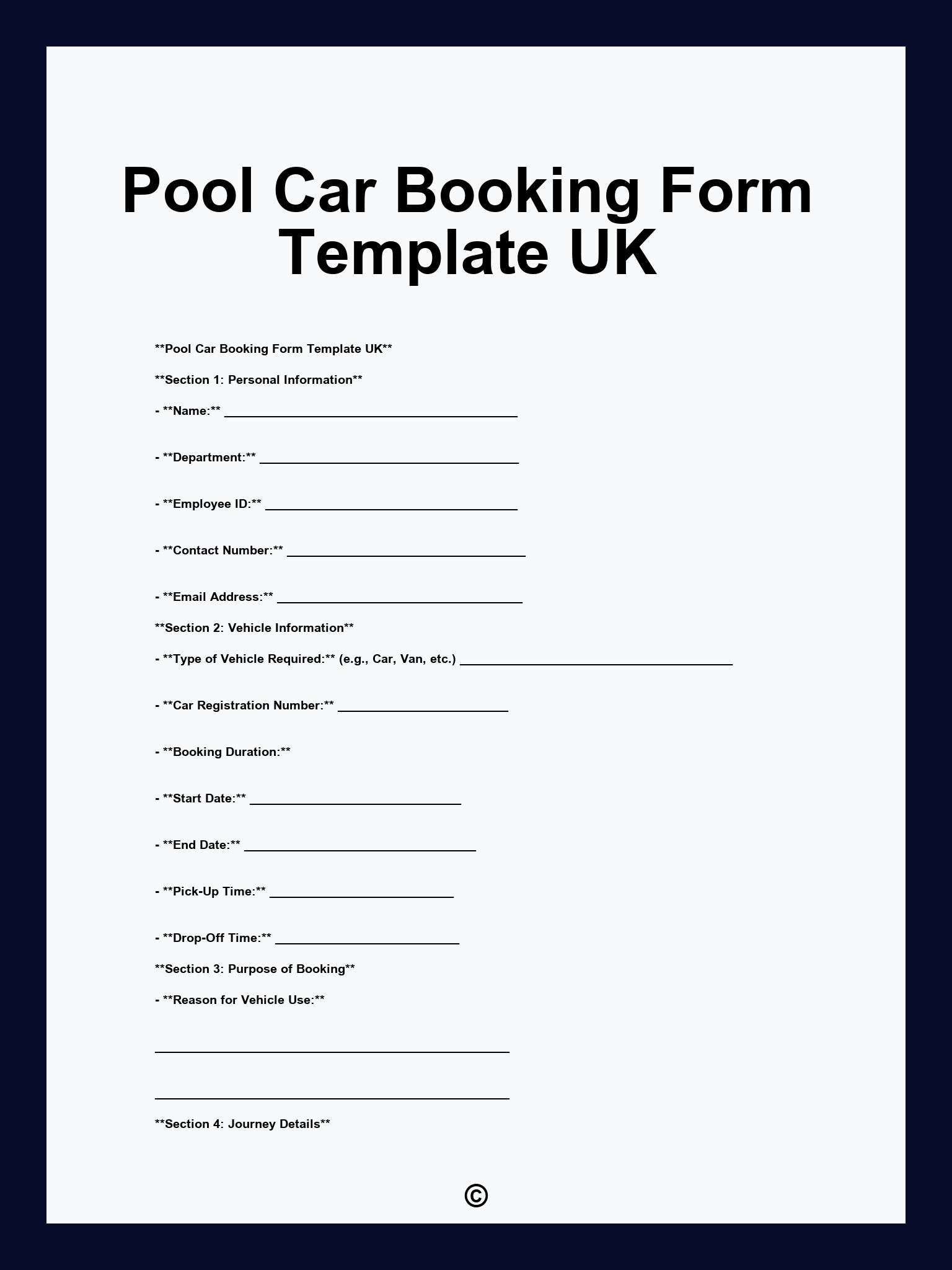Pool Car Booking Form Template UK