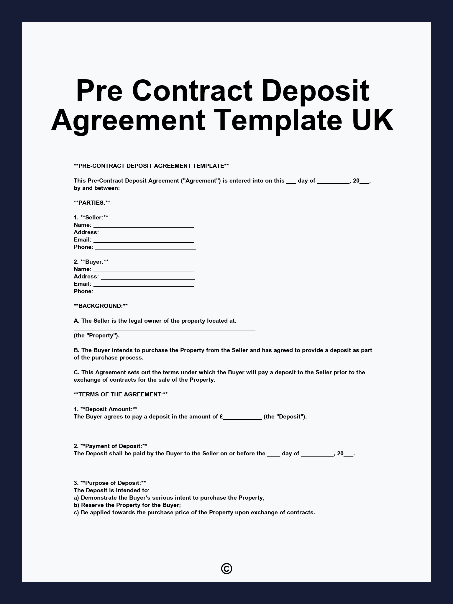 Pre Contract Deposit Agreement Template UK
