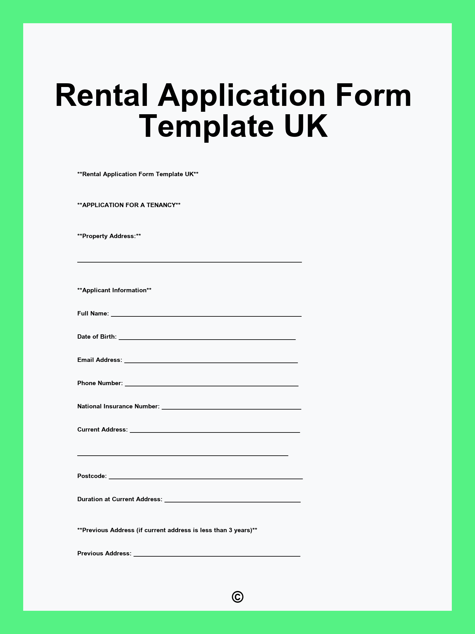 Rental Application Form Template UK