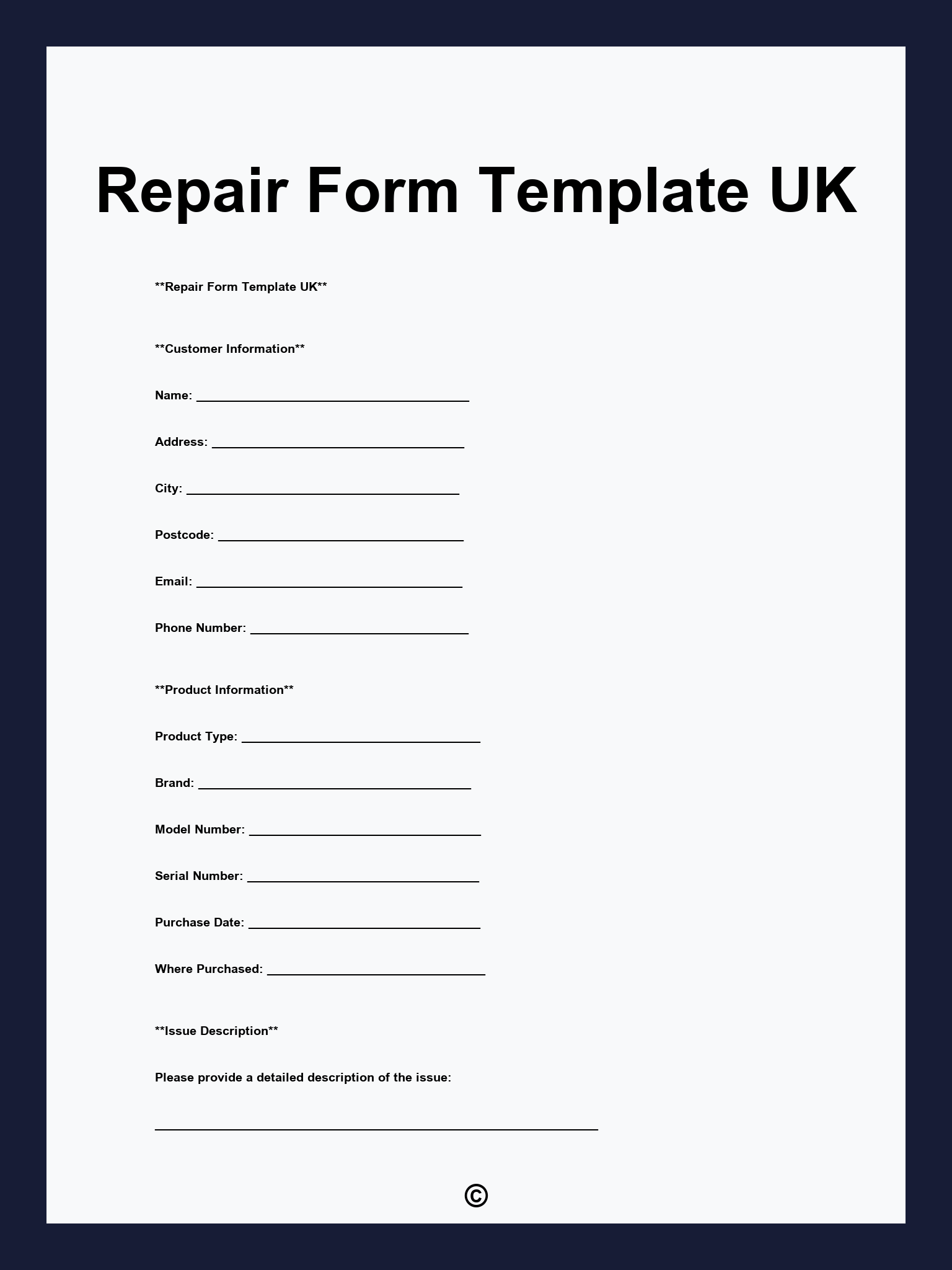 Repair Form Template UK