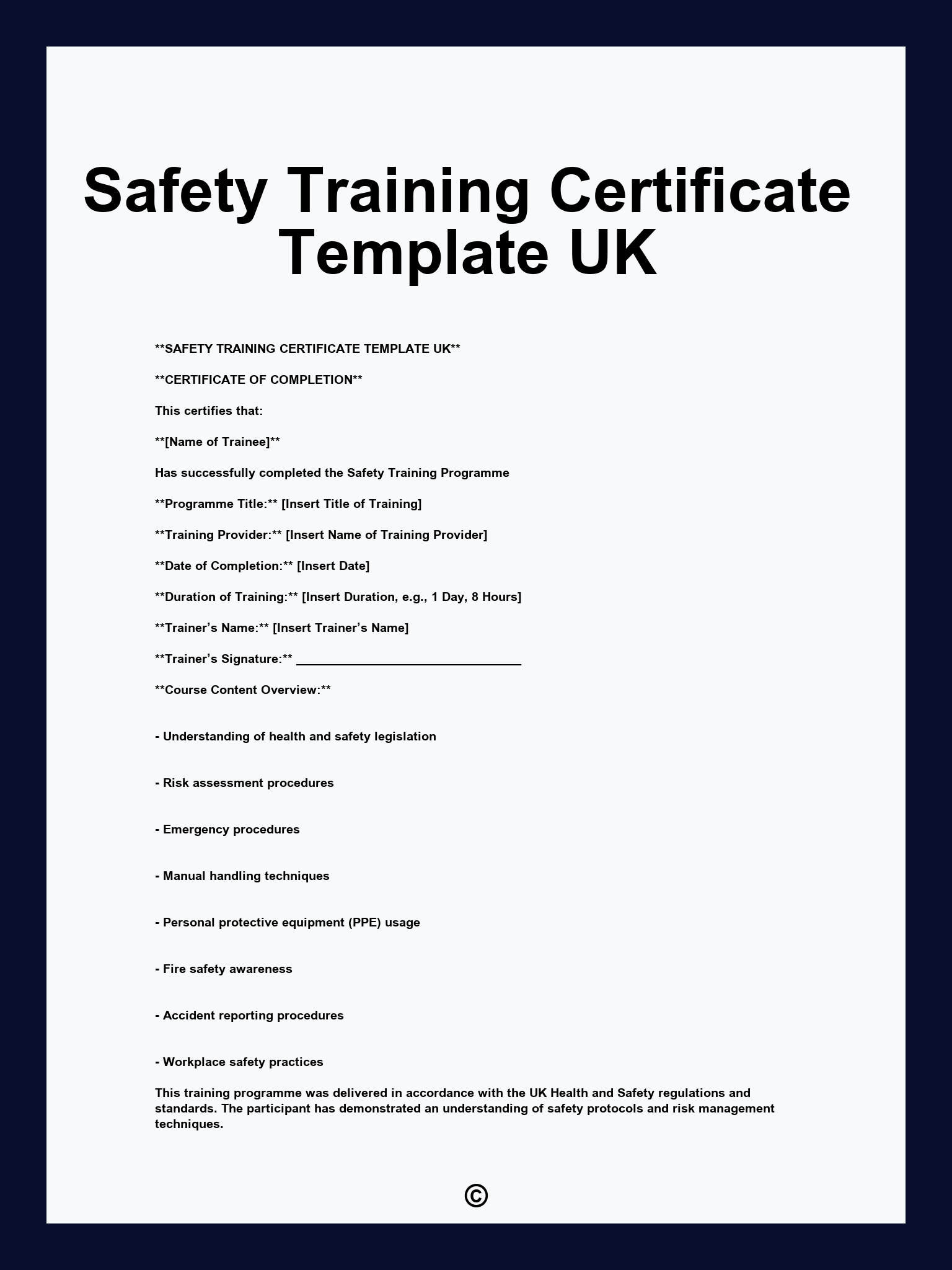 Safety Training Certificate Template UK
