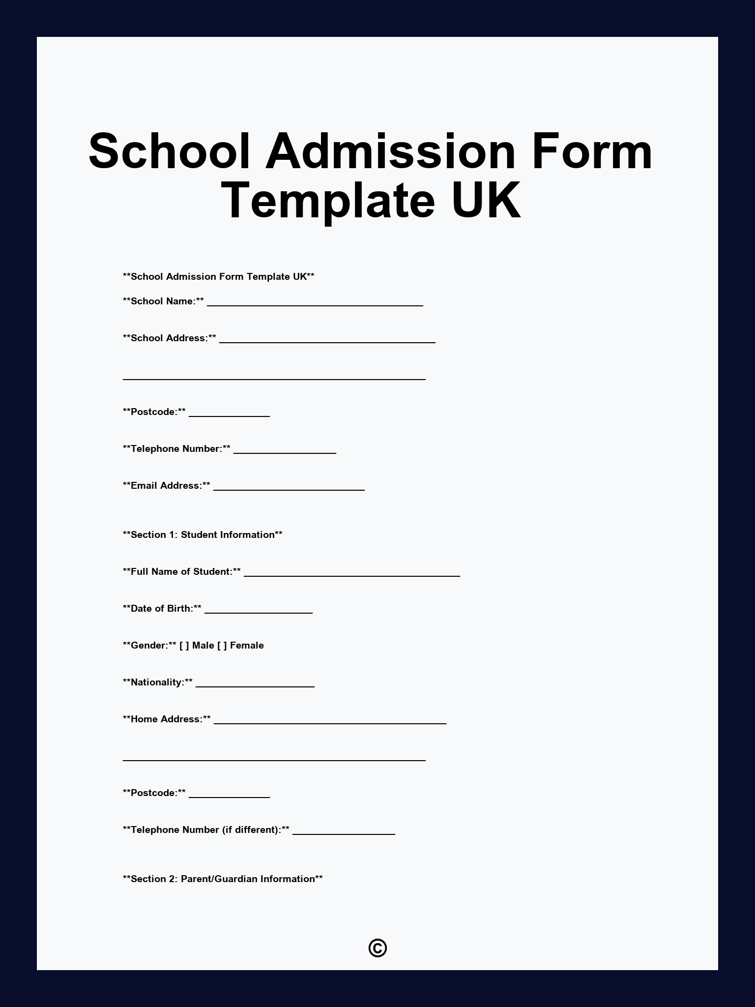 School Admission Form Template UK