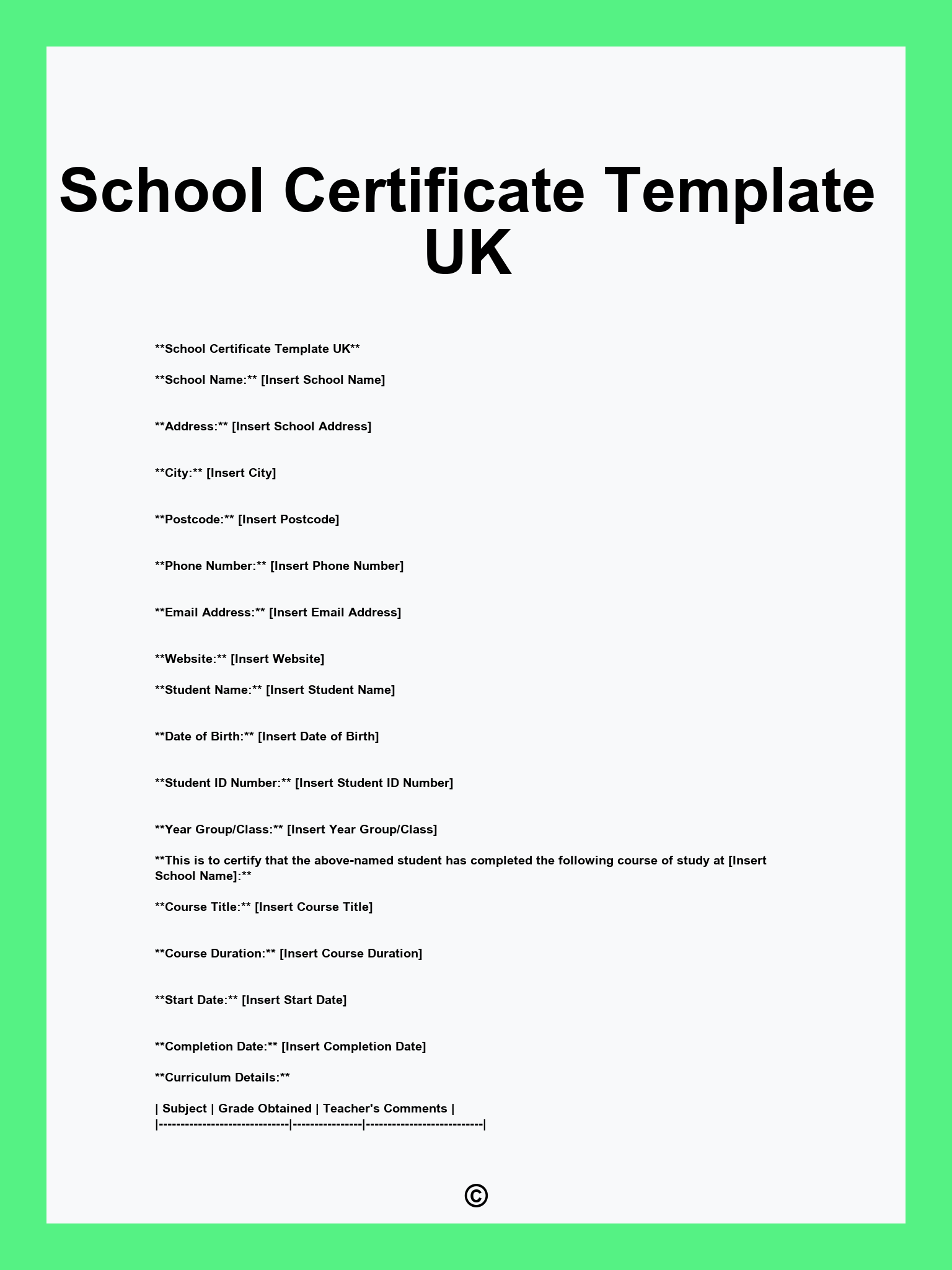 School Certificate Template UK