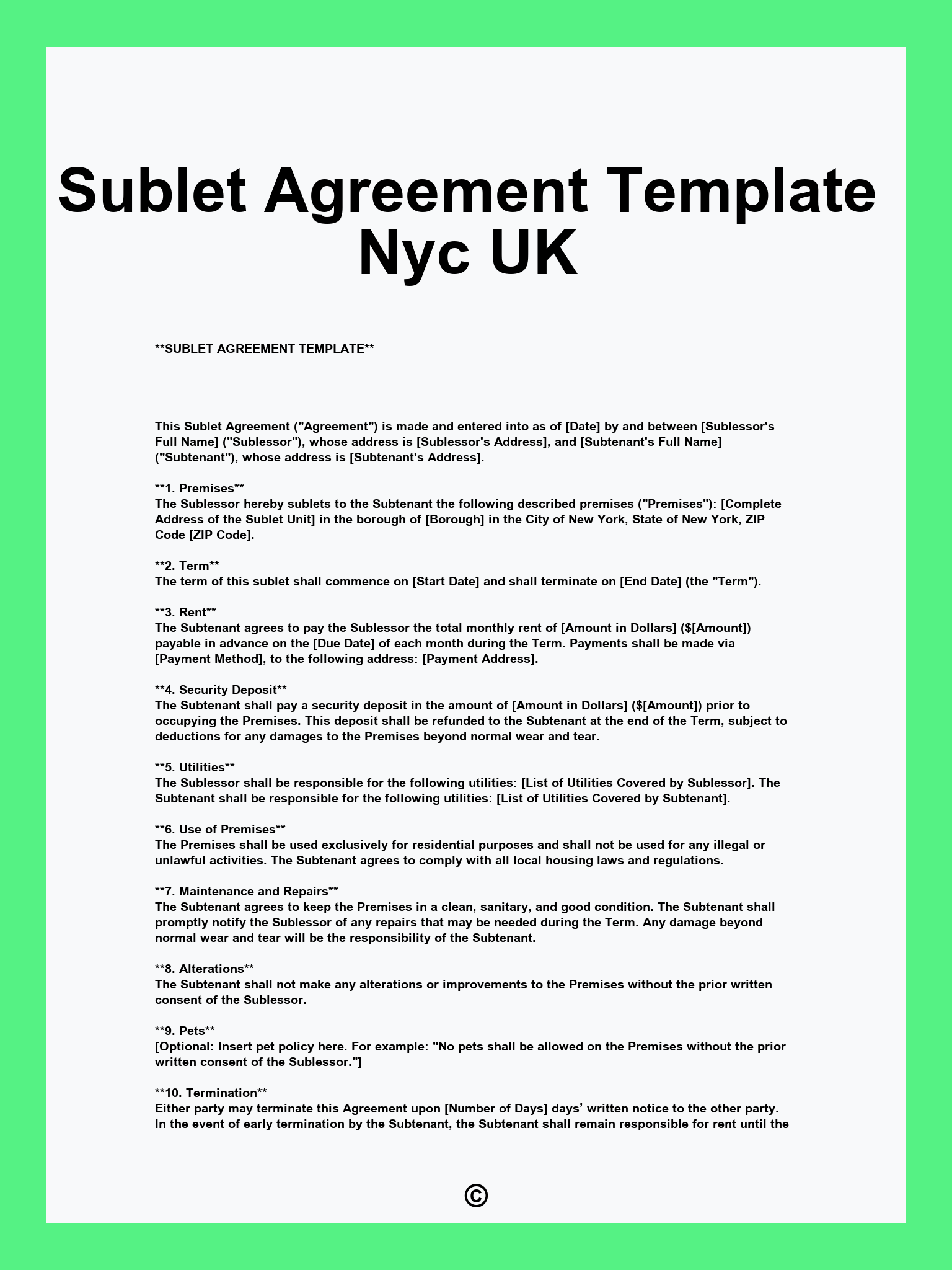 Sublet Agreement Template Nyc UK