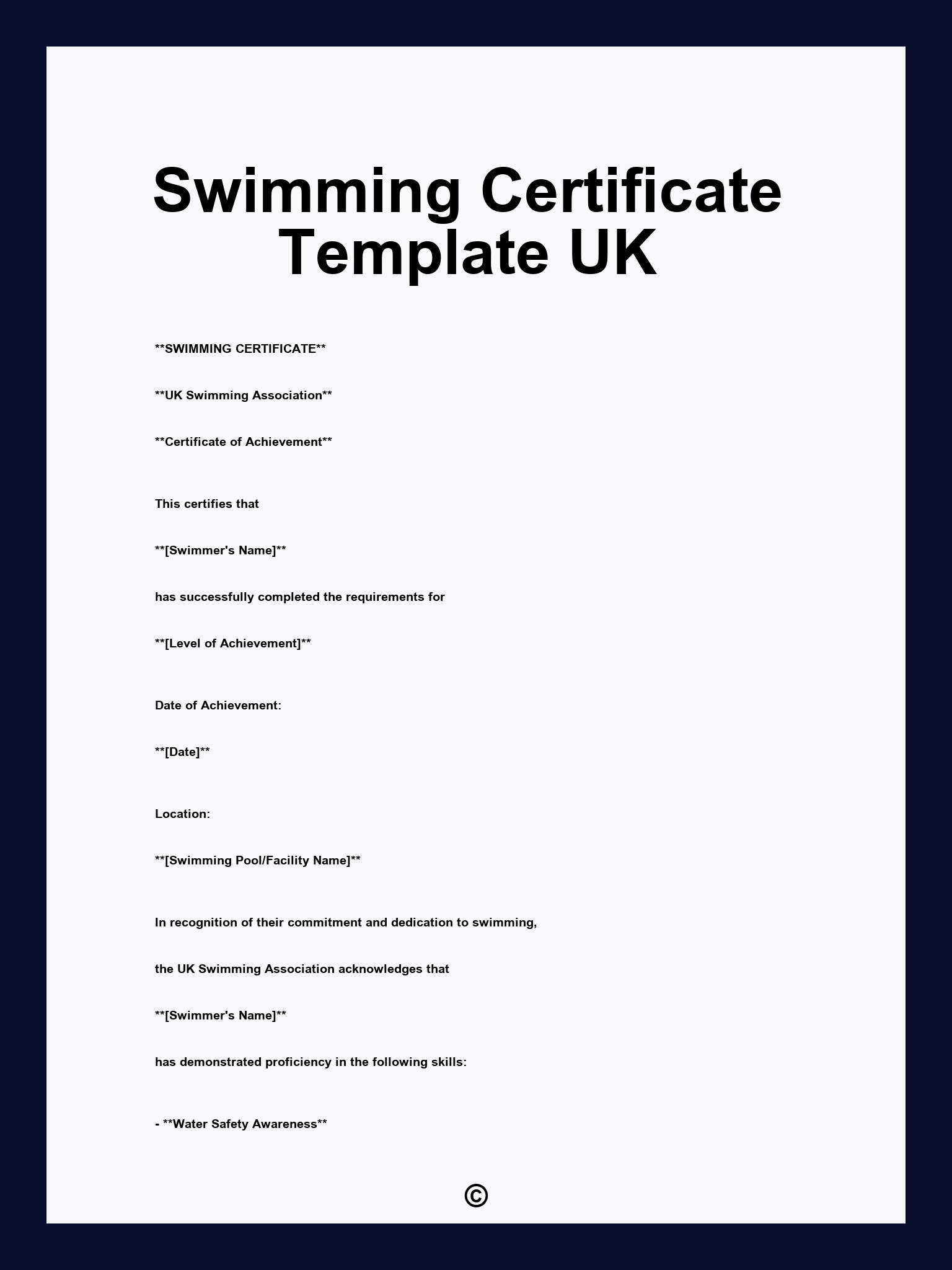Swimming Certificate Template UK