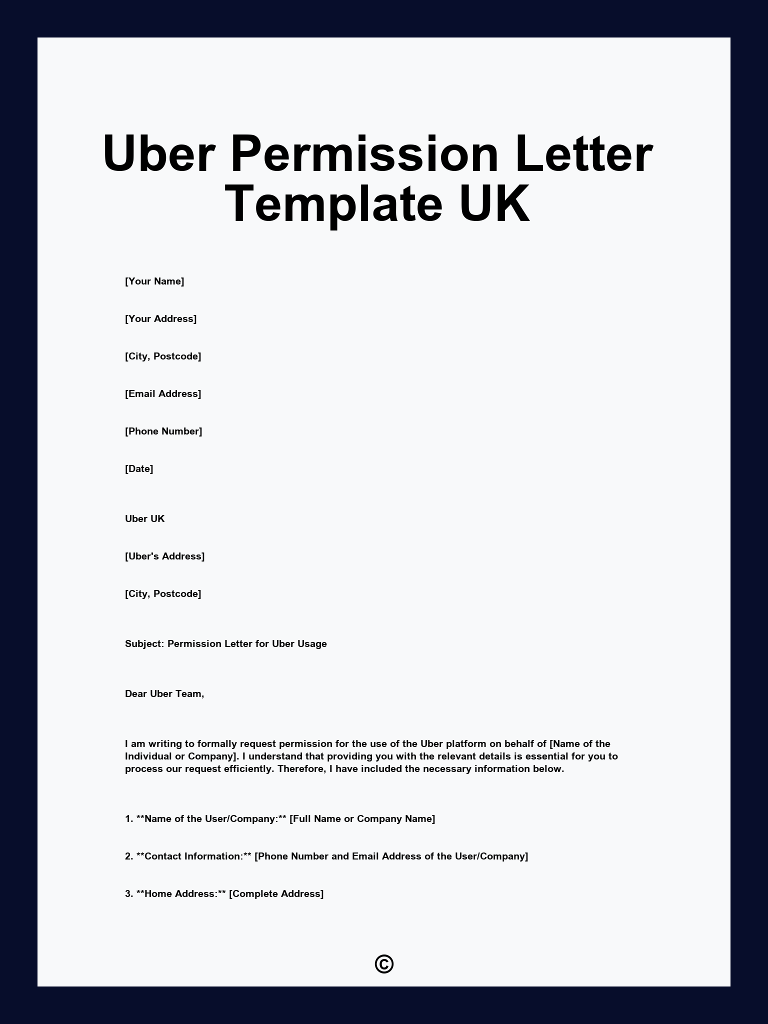Uber Permission Letter Template UK